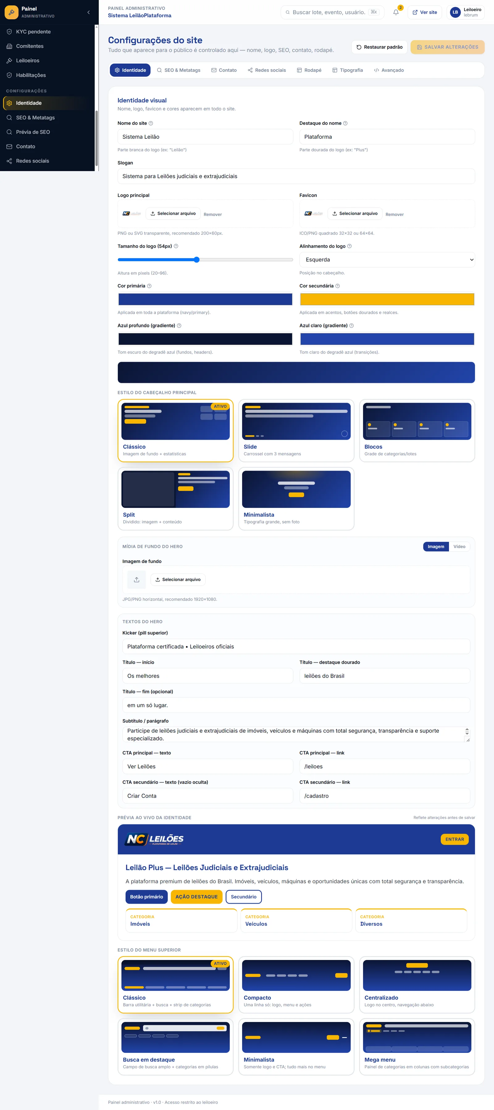 Vitrine de Lotes — Site para Leilão