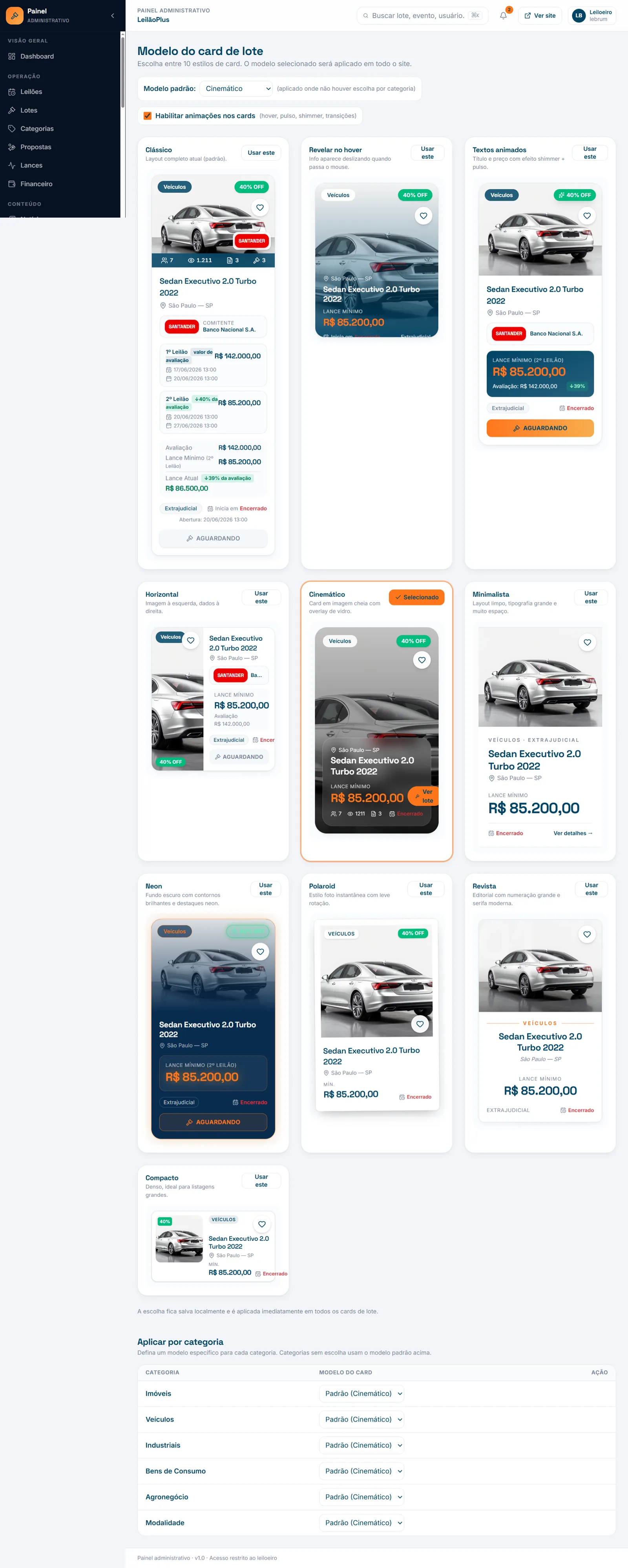 Painel Administrativo — Site para Leilão