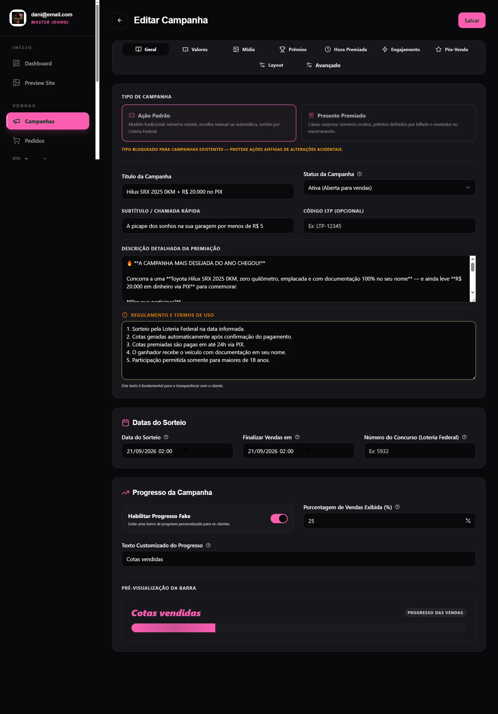 Script de rifa premium em PHP Laravel permitindo cadastrar campanha com até 1 milhão de números e módulo de afiliados ativo